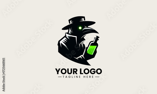 Mysterious plague doctor character with glowing green eyes and a bottle in a striking black silhouette vector logo design on a clean white background