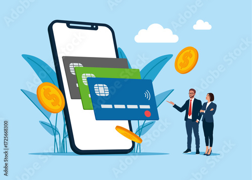 Finance paying processing. financial security for online shopping on smartphone. Online payment with credit card money. Vector flat illustration