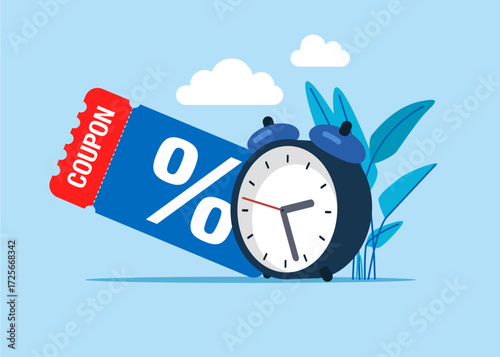 Clock with notice for discount coupon. Special offer promotion. Coupon cut offer. Vector flat illustration
