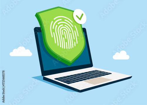 Secure login and password protection on website or social media account. Cyber secure. Fingerprint scan for authorization, identity. Vector flat illustration 