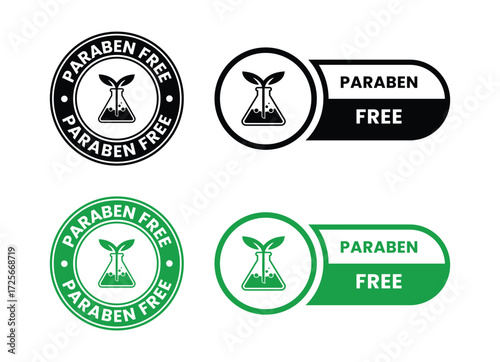 Paraben Free with a leaf drop label, logo, badge, icon, sticker, symbol, emblem, stamp, green, line, flat vector, isolated illustration. Paraben Free label for product packaging design.