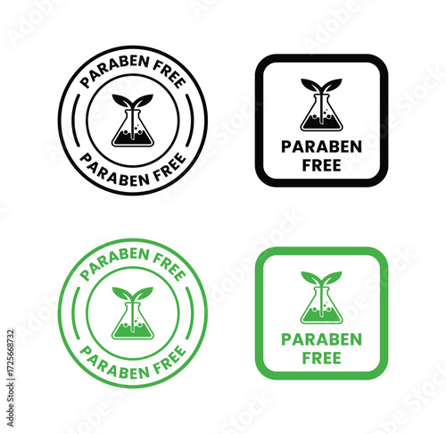 Paraben Free with a leaf drop label, logo, badge, icon, sticker, symbol, emblem, stamp, green, line, flat vector, isolated illustration. Paraben Free label for product packaging design.