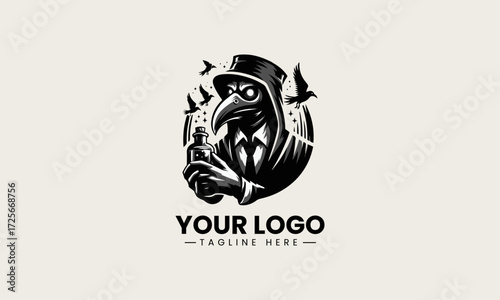 Mysterious plague doctor character with glowing green eyes and a bottle in a striking black silhouette vector logo design on a clean white background