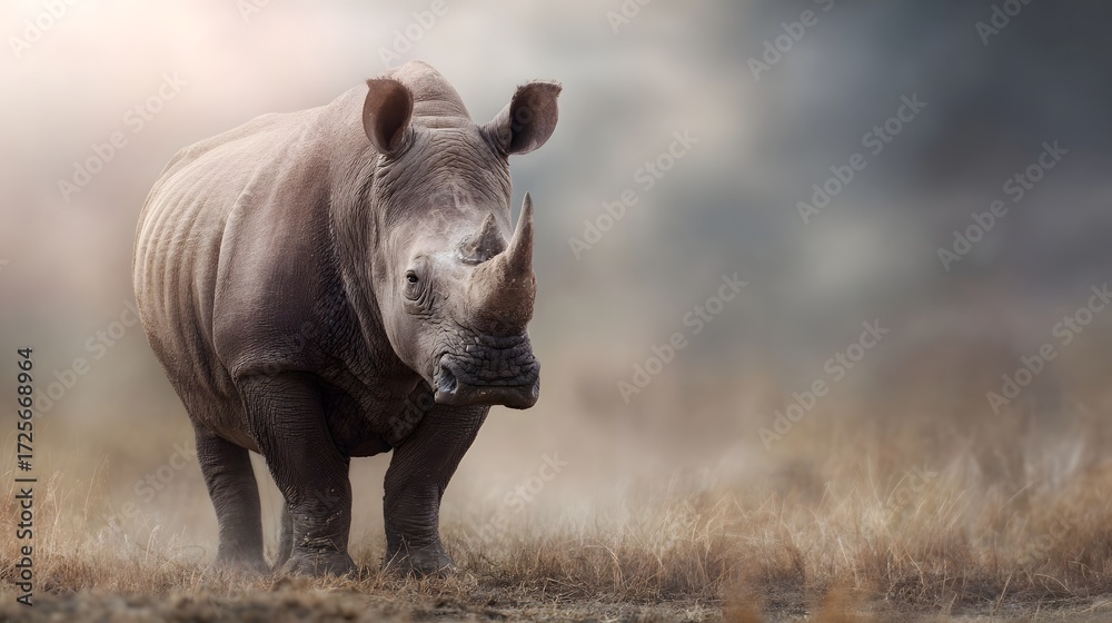 Obraz premium Majestic white rhinoceros standing in a dry sunlit grassland with a hazy atmospheric background