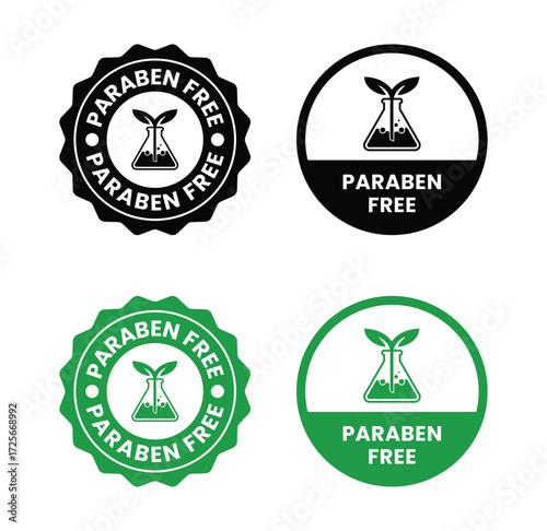 Paraben Free with a leaf drop label, logo, badge, icon, sticker, symbol, emblem, stamp, green, line, flat vector, isolated illustration. Paraben Free label for product packaging design.