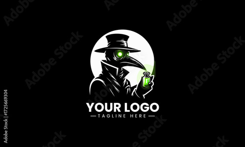 Mysterious plague doctor character with glowing green eyes and a bottle in a striking black silhouette vector logo design on a clean white background