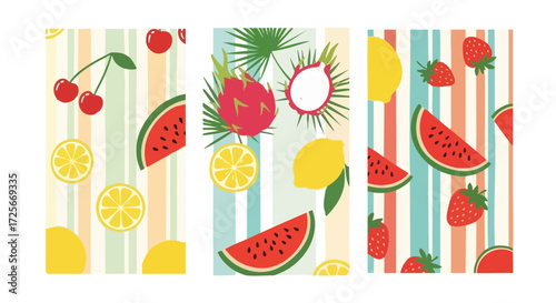 Fresh summer fruit vibe with watermelon, dragon fruit, lemons and cherries for a vibrant, juicy, and colorful background for food or lifestyle projects