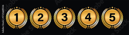Set of Golden Number Award on Podium Stage. Number Ranking 1 2 3 4 5. Vector Illustration Isolated on White Background. Award, podium ,trophy, badge, emblem, label, vector. 
