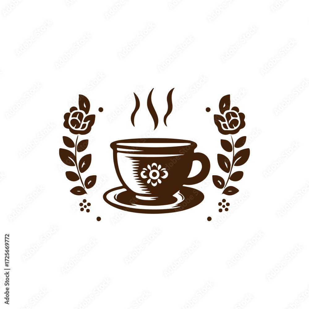 Obraz premium Minimalist Hot Coffee Cup Icon logo. tea cup vector, Black and White Silhouette, Simple Vector Illustration for Café, Restaurant, Beverage Menu, Transparent Background, Modern Drink Logo