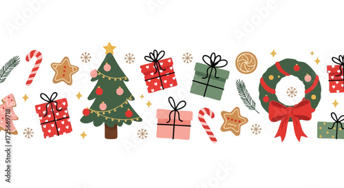 Delightful Christmas border featuring festive gifts, decorated tree, candy canes, gingerbread cookies, and a beautiful wreath with red bow.