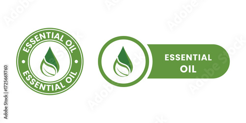 Essential oil drop icon for beauty and skincare natural product certificate label. Essential oils sticker logo for body lotion, cream and shampoo moisturizer, spa wellness fragrance.