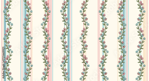 Delicate floral vines with soft pastel stripes create a charming, whimsical seamless pattern perfect for spring and summer designs.