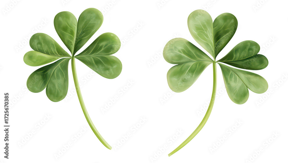 Obraz premium Two lush green four-leaf clovers with detailed textures. symbolizing luck and prosperity. set against a clean white background. ideal for nature-themed designs or wellness concepts