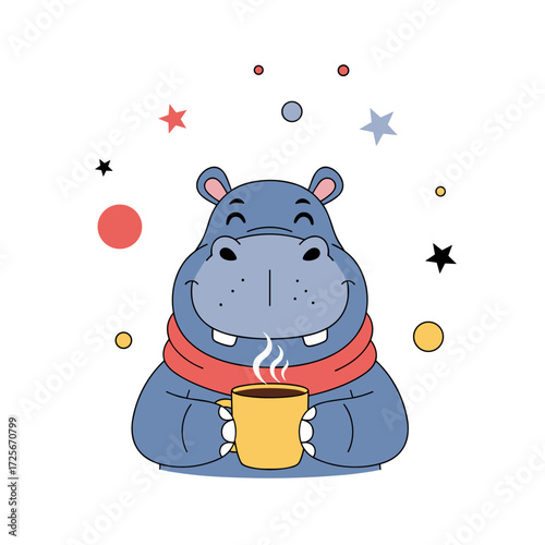 Cute cartoon hippo wearing a red scarf holding a mug of hot beverage.