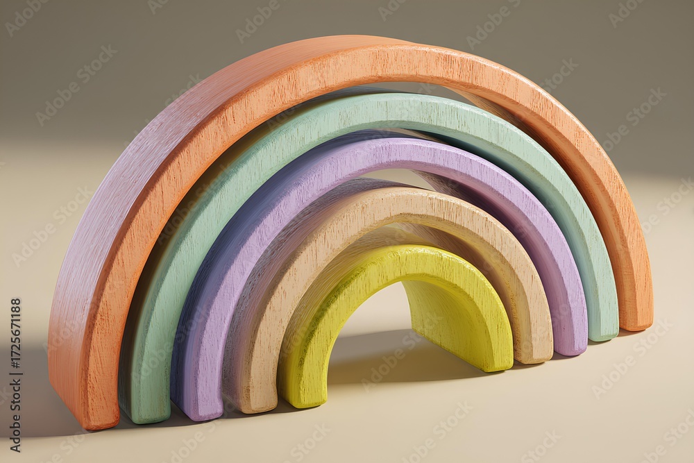 Fototapeta premium Smooth pastel rainbow stacker toy made from natural wood, arranged neatly to inspire creativity and sensory learning for young children.