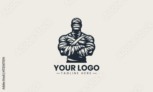 Black silhouette of a wrapped mummy with glowing eyes and crossed arms on white background vector logo design