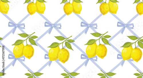 Vibrant lemon branches adorned with delicate blue bows create a cheerful and refreshing seamless pattern perfect for summer designs