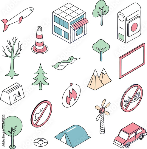 Isometric icons showing travel, nature, and sustainability - A modern eco-friendly approach to adventure, and responsible tourism visuals with hand-drawn style