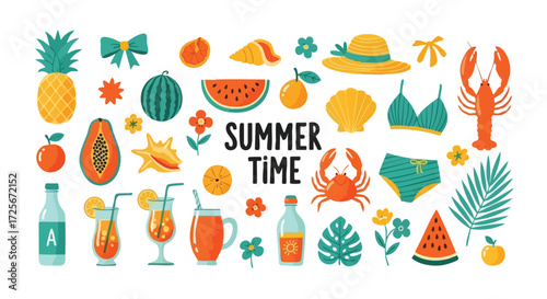 Summer time fun with bright beach elements like fruits, drinks, and sea creatures, perfect for seasonal designs and vacation vibes, offering a tropical summer