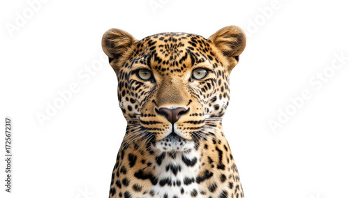 A close-up portrait of a majestic leopard its striking features and intricate fur patterns against a clean white background. ideal for wildlife photography or educational materials
