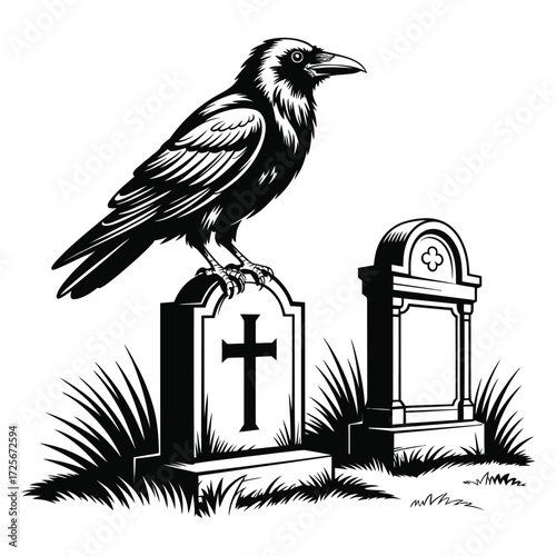 A haunting vector illustration of a gothic black raven perched on a tombstone with a cross in a desolate cemetery