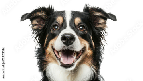 A cheerful. smiling dog with a glossy coat and bright eyes. captured in a close-up portrait against a clean white background. its playful personality and charm