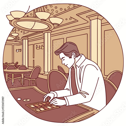 Vector illustration of a casino dealer organizing chips at an empty table. Perfect for casino themes, gambling, poker, blackjack, gaming industry, and behind-the-scenes casino life
