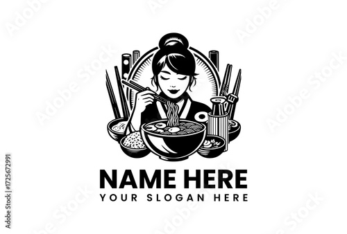 A black and white logo depicting a woman enjoying a bowl of noodles, surrounded by bowls and chopsticks.