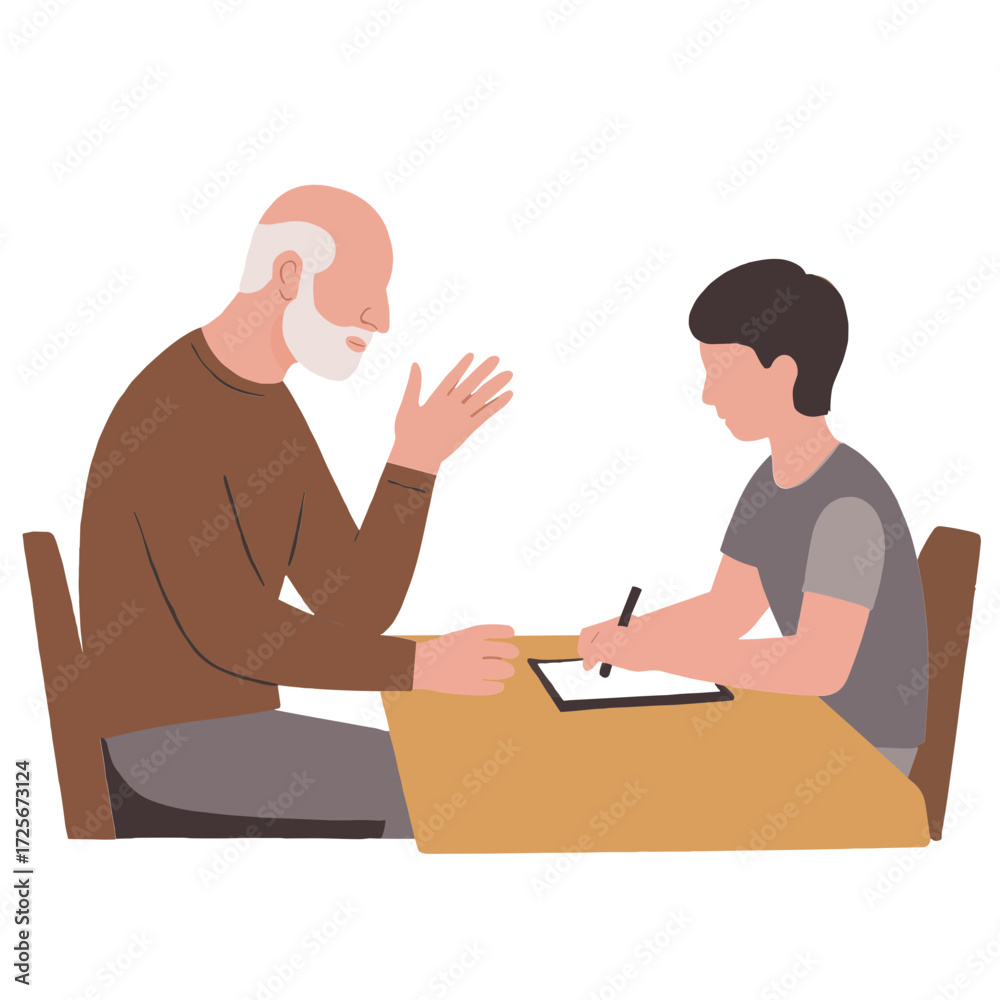 Obraz premium Elderly Man Tutoring Student. Senior Teacher Helping Young Learner. Older Mentor Teaching Education Concept. Elderly Knowledge Sharing Generations. Elderly set