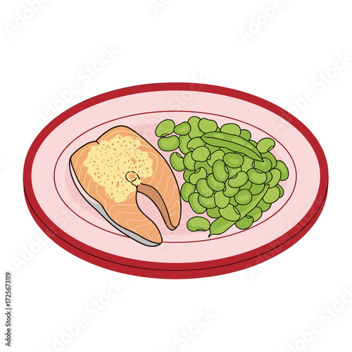 A healthy meal featuring a salmon steak and steamed green peas.
