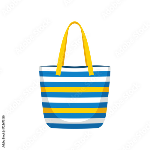 A colorful striped beach tote bag with yellow handles for carrying summer essentials.