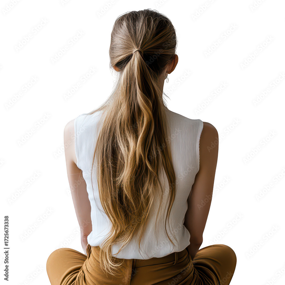 Obraz premium A woman with long. flowing hair. seated in a relaxed pose. dressed in casual attire. against a plain white background. conveying a sense of calm and introspection. ideal for wellness or lifestyle them