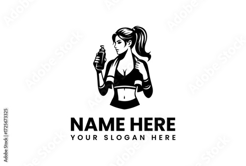 Athletic Woman Holding Water Bottle Ready for Workout Fitness Logo.
