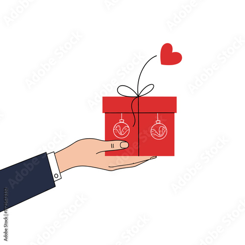 A hand holds out a red gift box with ornaments and a heart shape floating above.