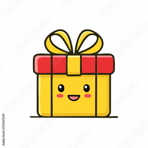 A cute yellow gift box with a red lid and a yellow bow, featuring a kawaii face with rosy cheeks design