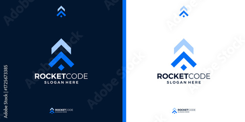 Rocket launch vector logo design with abstract shapes of programming or coding
