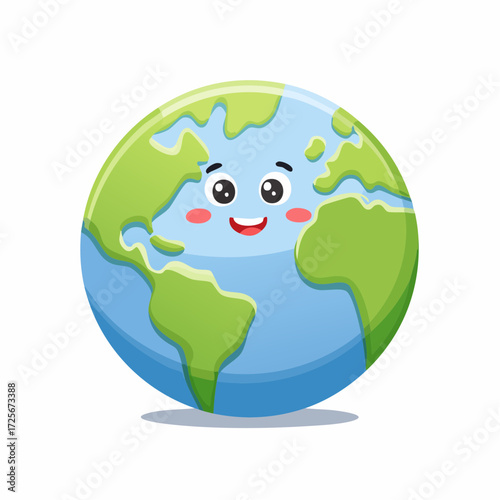 Cartoon earth globe with a smiling face and rosy cheeks displaying continents and oceans view