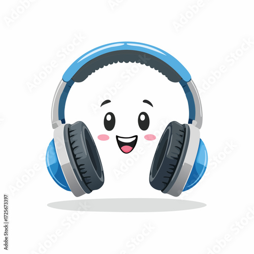 Cartoon headphones with a smiling face and pink cheeks on a white background looking forward
