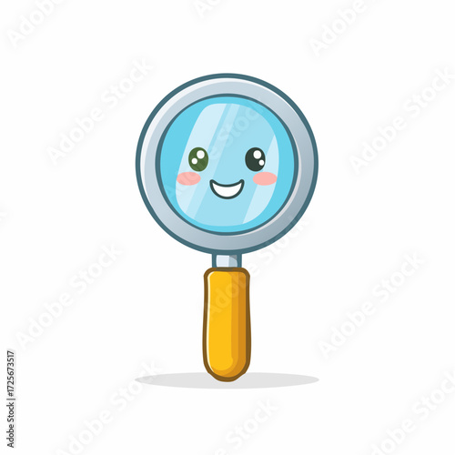 Illustration of a cute magnifying glass with a smiling face and rosy cheeks on a white background image