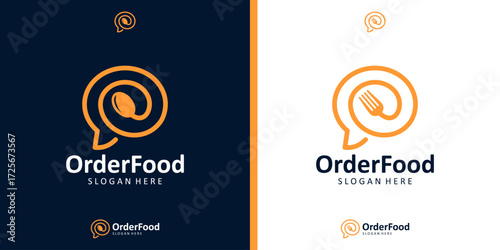 Online food order logo vector. Chat bubble with spoon fork icon design line style. Restaurant online delivery logo design template