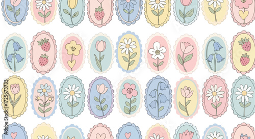 Charming pastel floral and strawberry pattern, perfect for creating sweet, whimsical designs and delightful children's products.