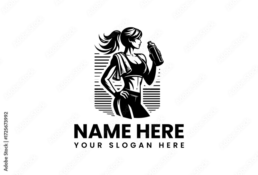 Fototapeta premium Athletic Woman with Ponytail Holding Water Bottle Fitness Logo Design.