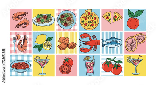 Vibrant mosaic of delicious food and refreshing drinks, showcasing fresh seafood, pasta, pizza, fruits, and cocktails for culinary inspiration