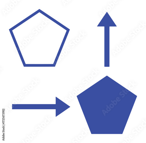 Abstract illustration showing a transformation of a pentagon using arrows and symbols