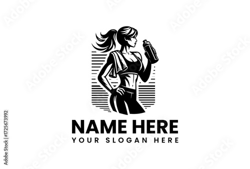 Athletic Woman with Ponytail Holding Water Bottle Fitness Logo Design.