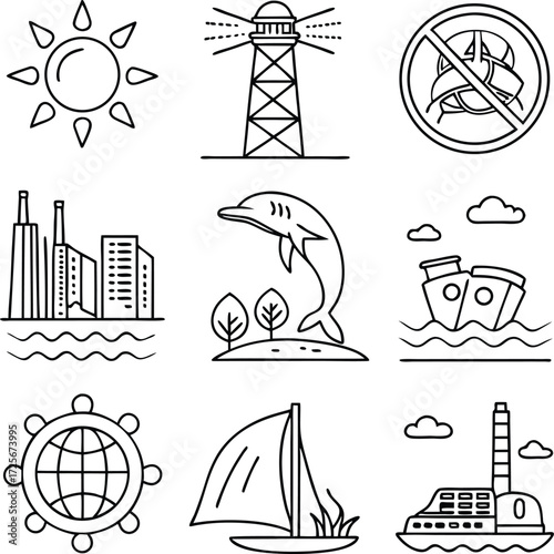Nautical icons for ocean conservation, marine life and travel adventures. Perfect for logos, branding, and creating an eco-friendly message about the sea