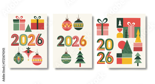 Joyful 2026 New Year and Christmas greetings featuring festive gifts, ornaments, and trees in a modern, retro graphic style for vibrant holiday celebrations and seasonal marketing campaigns