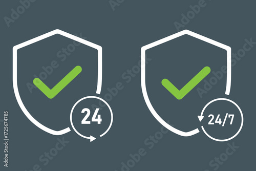 24/7 Security and Protection Icons. Shield with Checkmark Vector Symbol Set