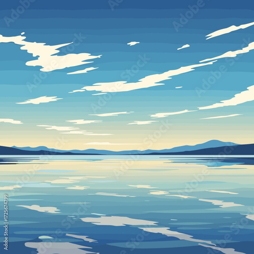 A serene pixel art landscape depicting a vast calm lake reflecting a blue sky with scattered clouds and distant hills.