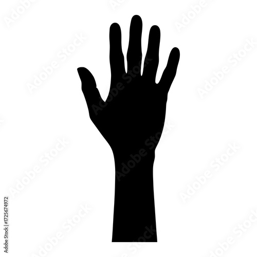 Black silhouette of a hand raised upwards against white background